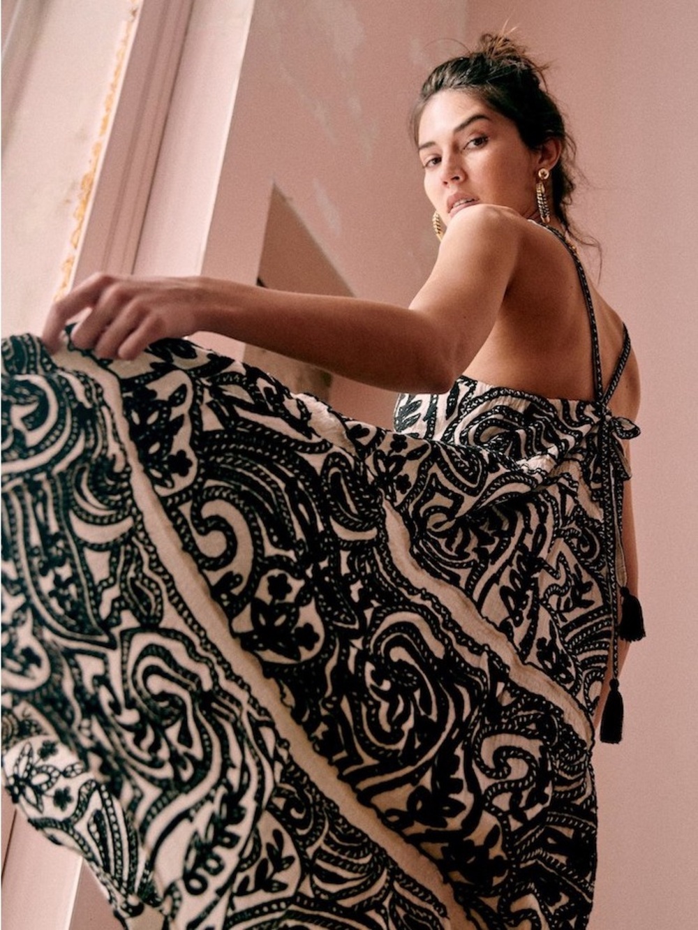 Sézane Anaka Dress Black & Cream Embroidered Print Tiered Maxi Dress 36 - Picture 2 of 14
